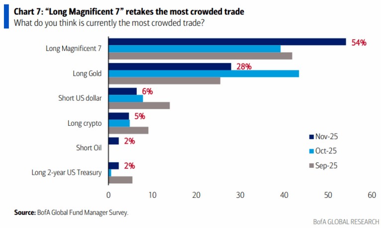 Ankieta BofA listopad 2025 najbardziej zatłoczone pozycje
